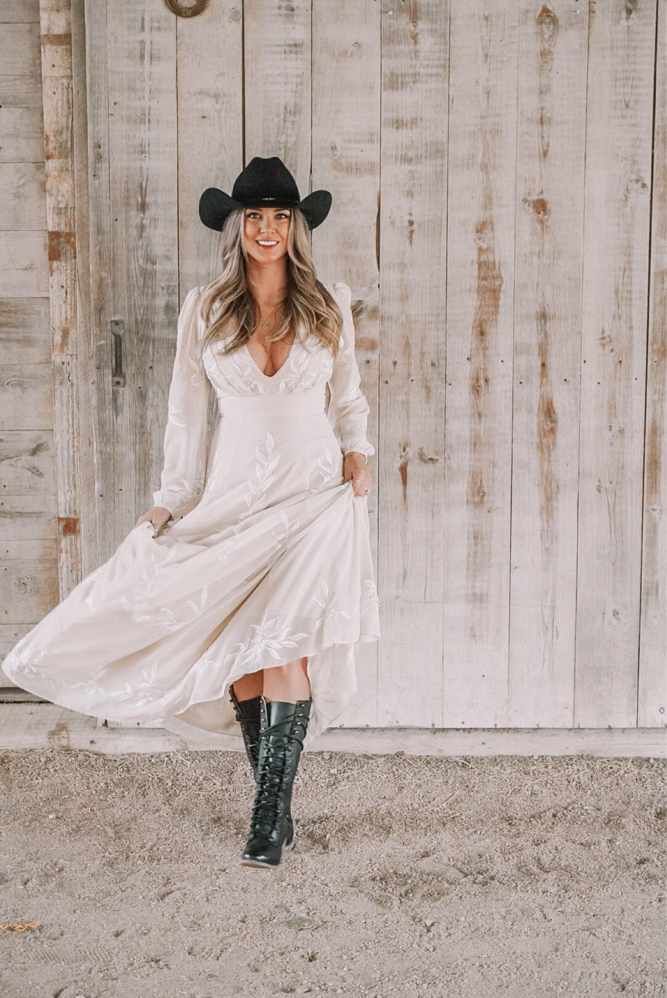 Romantic cowgirl look 
Beautiful, delicate embroidery paired with rugged leather boots and a cowboy hat 

#LTKSeasonal #LTKshoecrush #LTKwedding