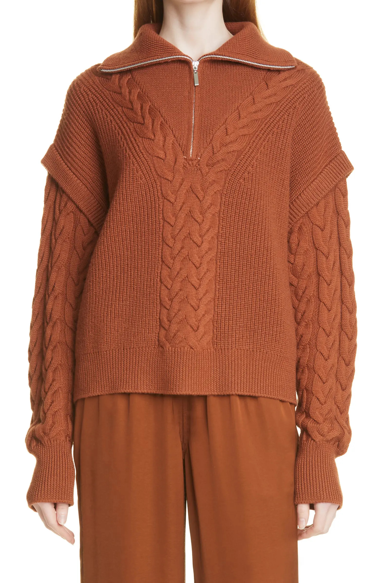 La Ligne Cable Knit Sleeve Detail Half Zip Merino Wool Sweater | Nordstrom | Nordstrom
