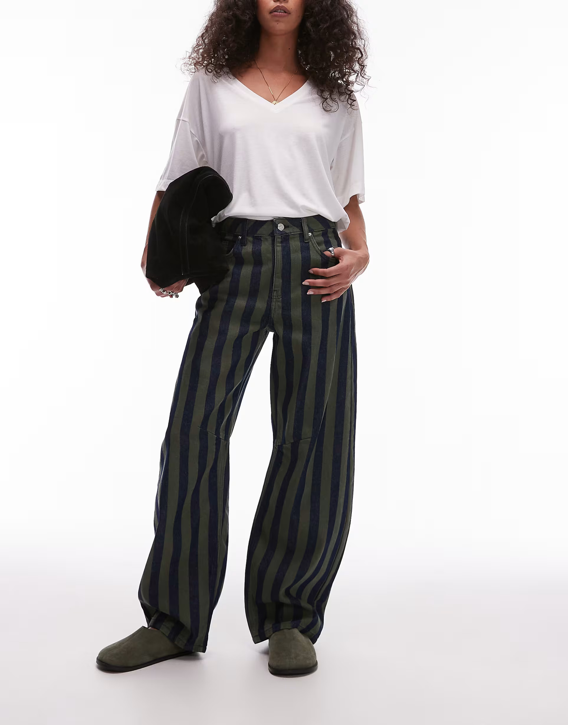 Topshop Barrel mid rise jean in khaki stripe | ASOS (Global)