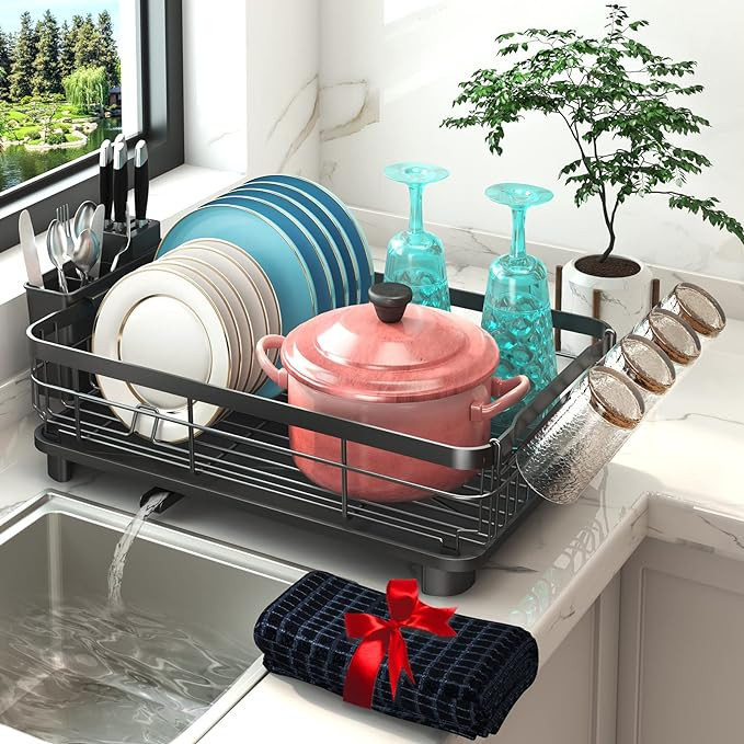 Godboat Dish Drying Rack, Dish Rack with Auto-Drain & Mat, Dish Drainers for Kitchen Counter, Gla... | Amazon (US)