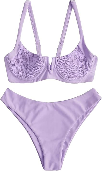 ZAFUL Women's V-Wired Shirred Smocked Ribbed Underwire Bikini Set Ruched High Cut Two Pieces Swim... | Amazon (US)