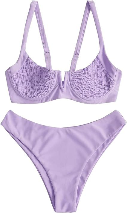 ZAFUL Women's V-Wired Shirred Smocked Ribbed Underwire Bikini Set Ruched High Cut Two Pieces Swim... | Amazon (US)