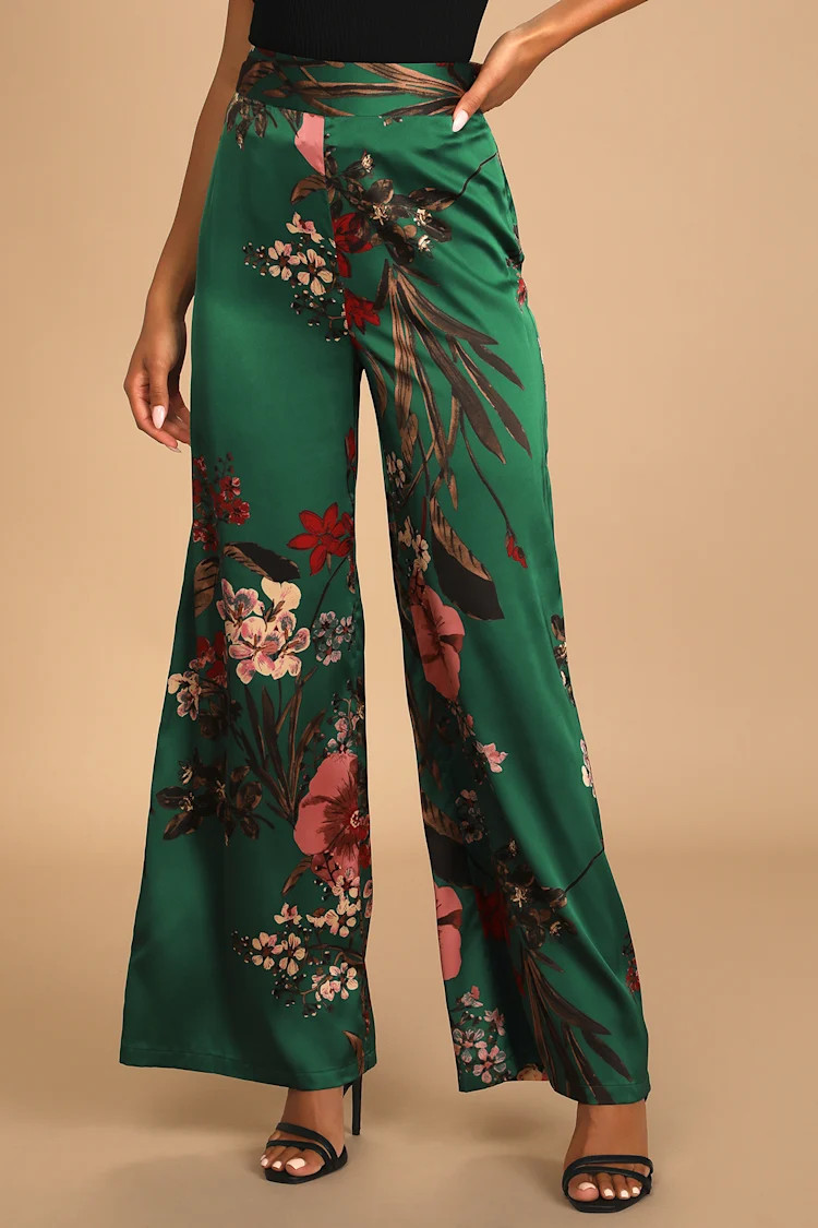Thriving Vibes Green Floral Print Satin Wide-Leg Pants | Lulus