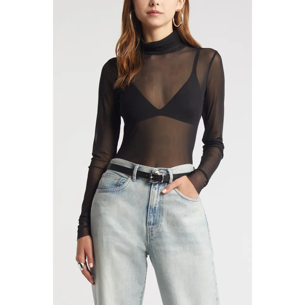 Open Edit Mesh Turtleneck in Black at Nordstrom, Size X-Small | Nordstrom