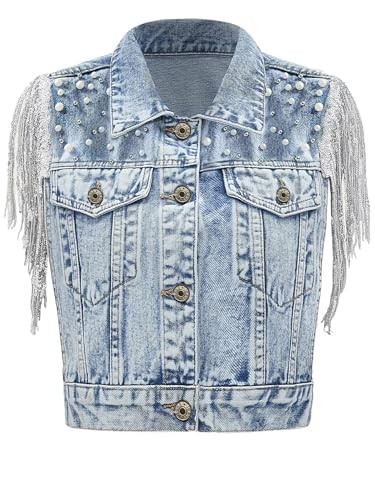 YEXPINE Women's Pearls Beading Denim Vest Sleeveless Sequin Fringe Jean Vest Casual Vintage Crop Top Vest | Amazon (US)
