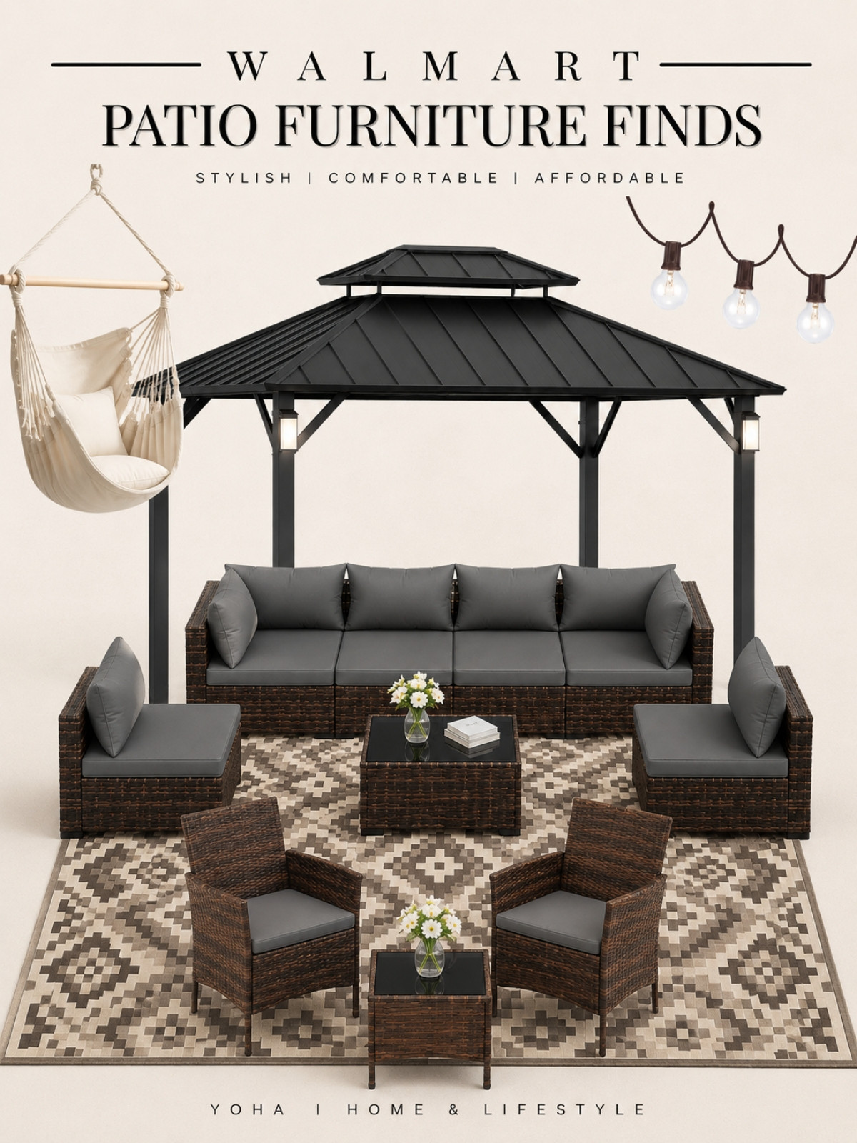 Create a cozy outdoor oasis with these stylish Walmart patio finds! From the modern gazebo and comfy sectional to the hammock seating and lightning, these pieces make your backyard feel elevated and inviting for less. Perfect for relaxing, entertaining, and enjoying summer nights at home 🤍 
Everything linked below for you!🫶

 #WalmartFinds #PatioFurniture #OutdoorLiving #BackyardInspo #PatioDecor #OutdoorOasis #DesignerInspired #LuxuryForLess #HomeDecor

#LTKSeasonal #LTKHome #LTKSaleAlert