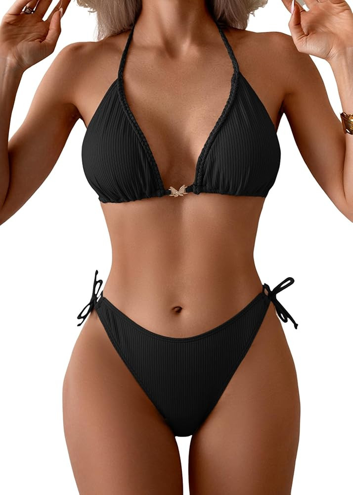Eomenie Ribbed Bikini Sets for Women Sexy Halter Triangle Top Two Piece Bathing Suit Tie Side Swi... | Amazon (US)