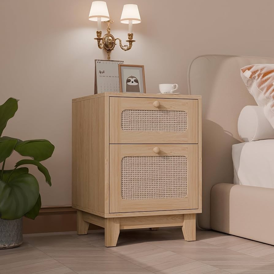 Moderna mesita de noche de ratán de mimbre, soporte de ratán con cajón y espacio de almacenami... | Amazon (US)