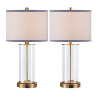 23 in. Clear Glass Antique Brass Table Lamp Set with Bulbs, Dual USB Ports, and AC Outlet (set of 2) | The Home Depot