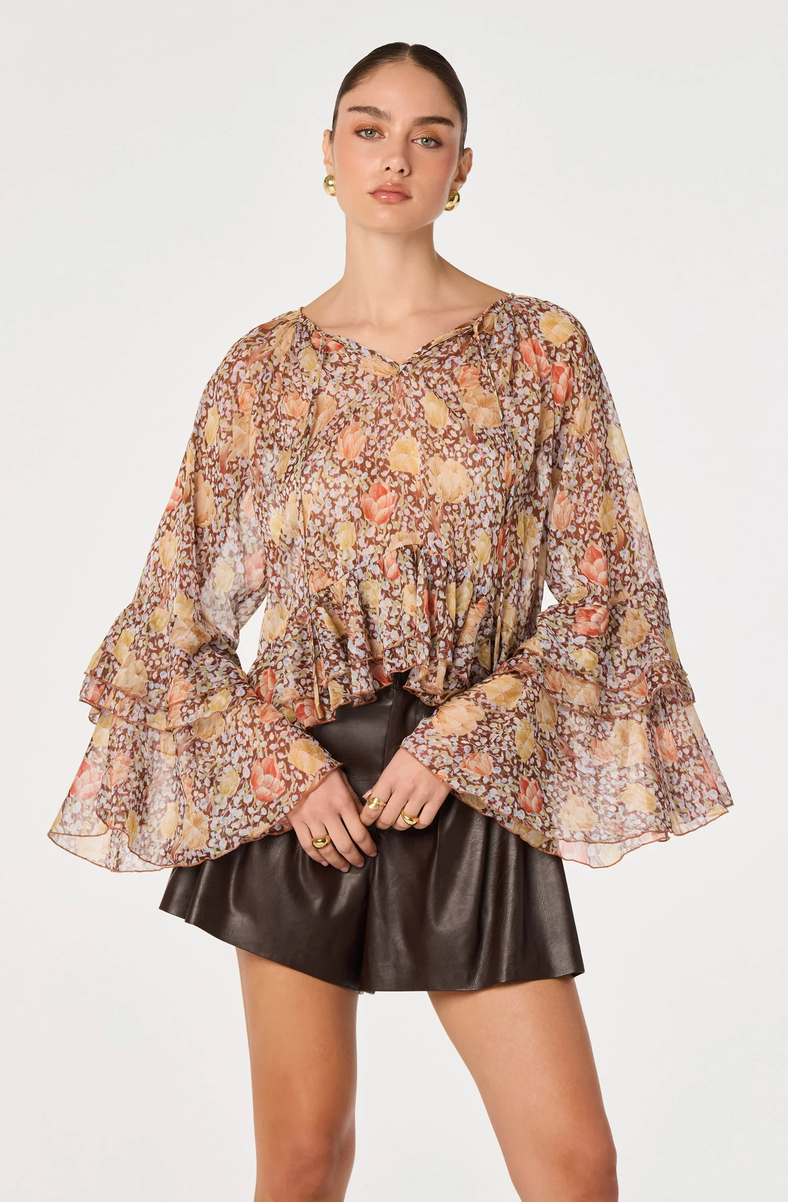 Margaery Tiered Bell-Sleeve Blouse - Brown floral / XS | ASTR The Label (US)