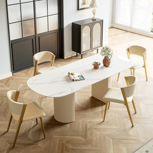 63" Oval Dining Table for 4 to 6 White Marble Dining Table with Fluted Pedestal Base Modern Kitchen Table with Sintered Stone Tabletop & Carbon Steel Pedestal Base for Dining Room Restaurant | Amazon (US)