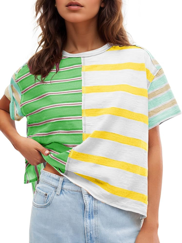 Tankaneo Womens Summer Striped Shirts Casual Color Block Short Sleeve Tops Loose Fit Crew Neck Te... | Amazon (US)