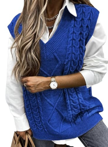 EVALESS Womens Oversized Sweater Vest Fall Winter 2025 Casual V Neck Sleeveless Sweaters Cable Knit Solid Color Tops Loose Tunics Blue Large | Amazon (US)