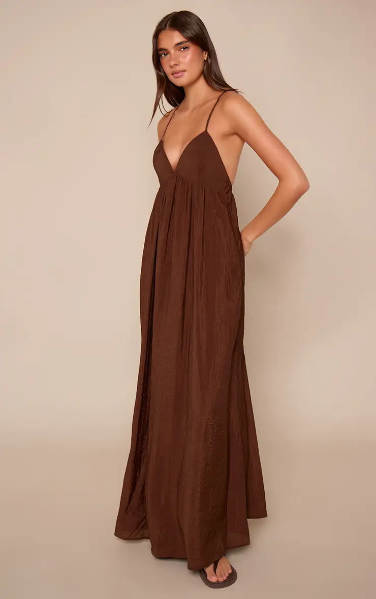 Chocolate Woven Open Back Trim Detail Floaty Maxi Dress | PrettyLittleThing UK
