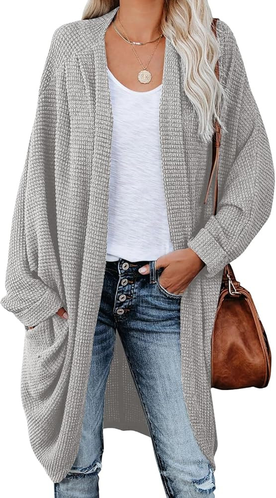 ZoeAce Womens Open Front Knit Cardigan Long Batwing Sleeve Oversized Sweater Chunky Waffle Cable ... | Amazon (US)