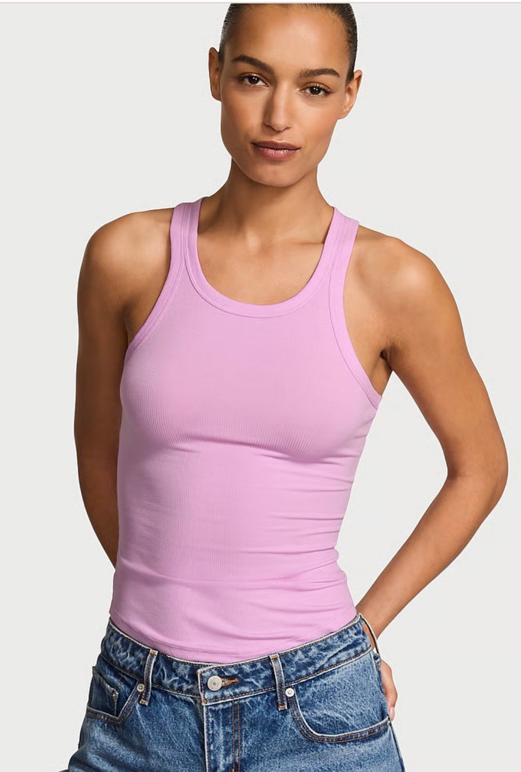My favorite basic, ribbed high neck tank tops. I get the xs and have it in every color 