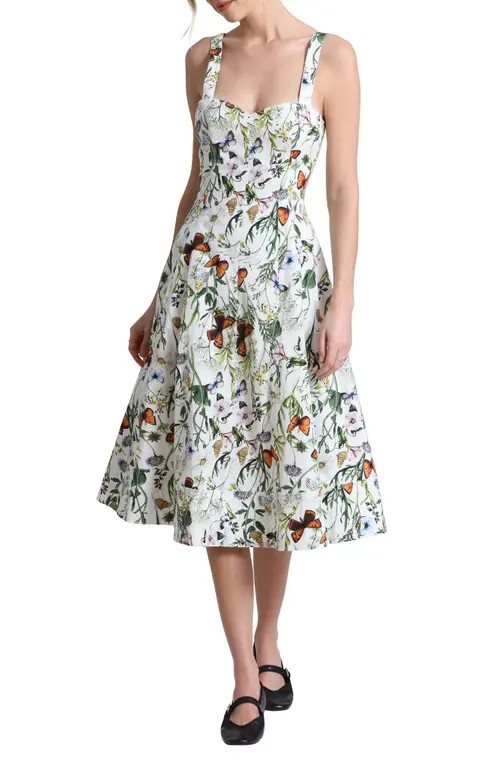 Avec Les Filles Botanical Fit & Flare Midi Dress in Butterfly Floral at Nordstrom, Size 12 | Nordstrom
