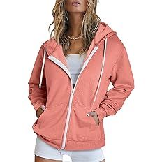 Dokotoo Women's Fall Plus Size Full Zip Up Pink Hoodie Long Sleeve Solid Oversized Hooded Sweatsh... | Amazon (US)