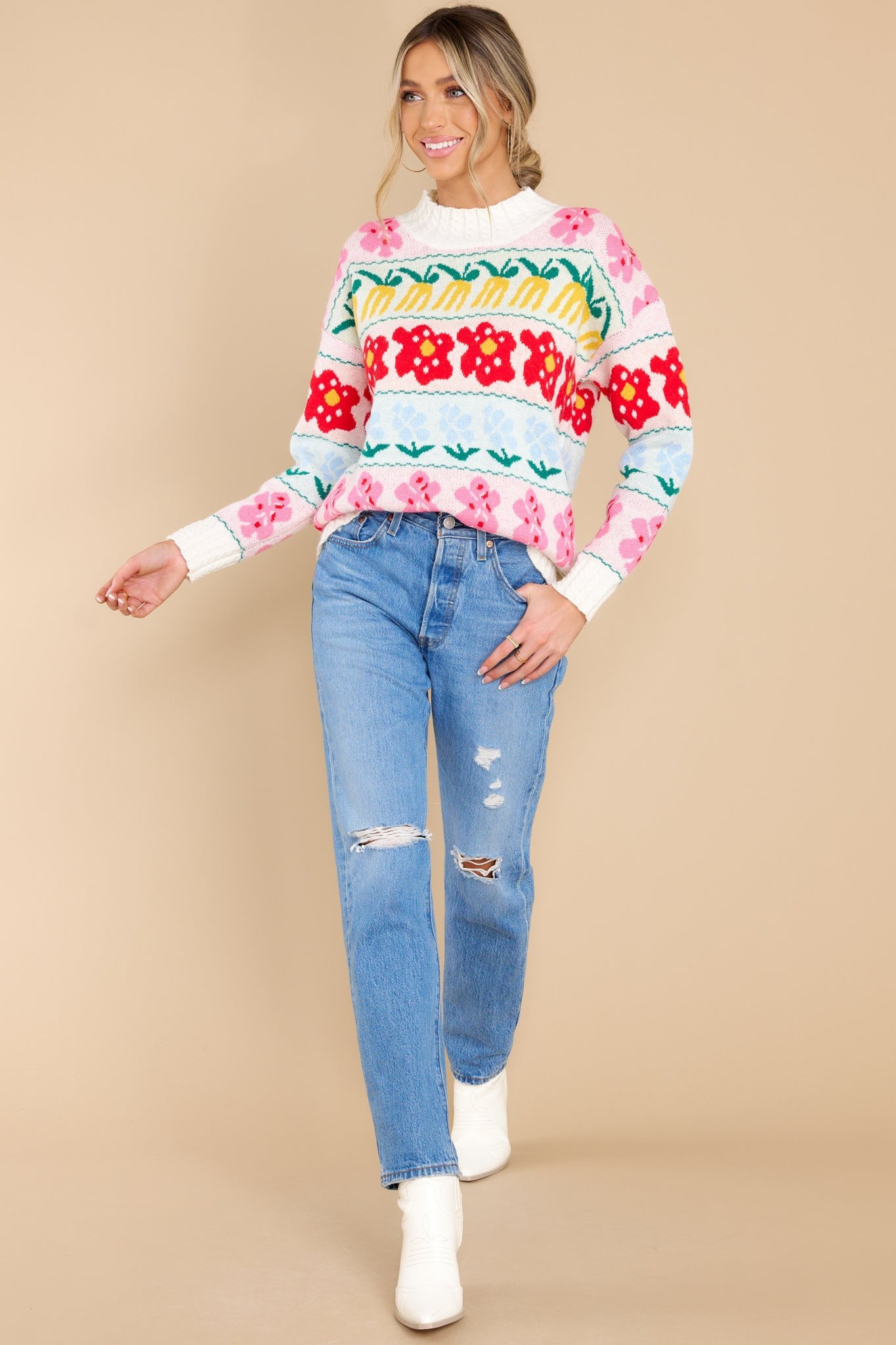 Natural Assets Ivory Multi Floral Print Sweater | Red Dress 