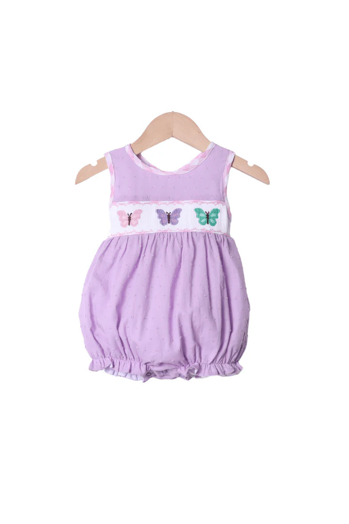 Smocked Lavender/Pink Swiss Dot Butterfly Bubble | The Smocked Flamingo