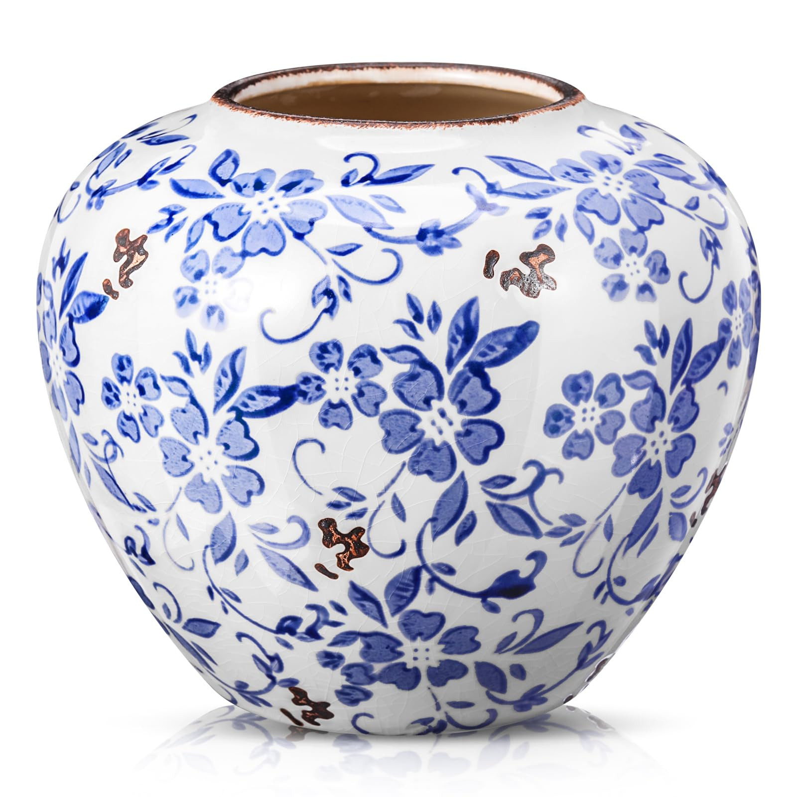 Blue and White Vases Ceramic Vintage Chinoiserie Floral 6.69" H Terracotta Round Rustic Pottery L... | Amazon (US)
