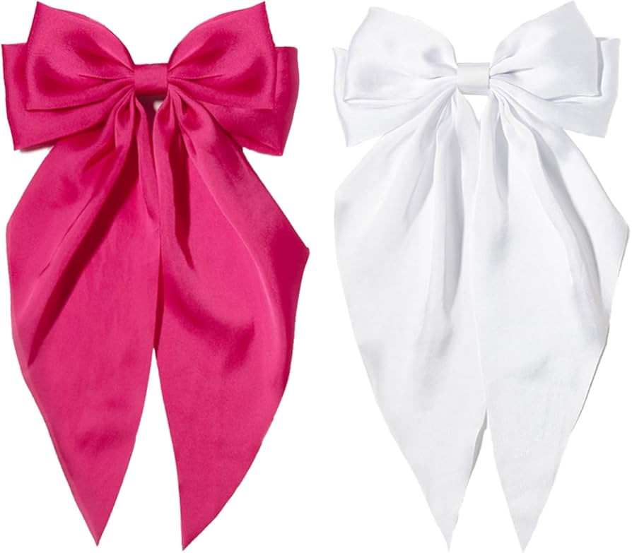 Furling Pompoms Hot Pink Bows Hair Clips for Women Large Bow Clip for Girls Satin Long Tails with... | Amazon (US)