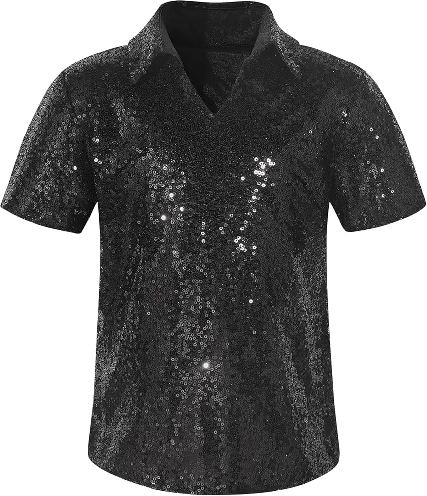 Spring&Gege Boys' Short Sleeve Sparkle Sequins Polo Shirts V-Neck Shiny T-Shirt (4-12 Years) | Amazon (US)