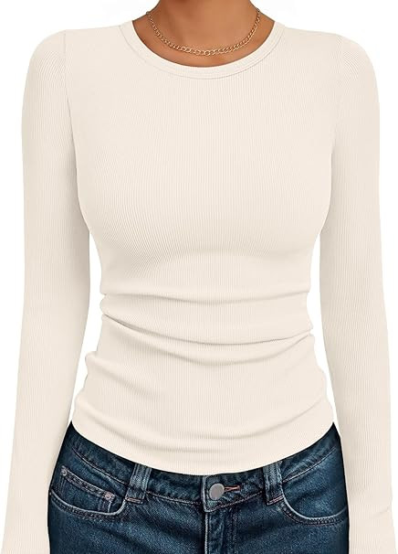AUTOMET Women's Ribbed Long Sleeve Basic Top - Soft Stretch Crewneck Shirt for Work & Casual | Amazon (US)
