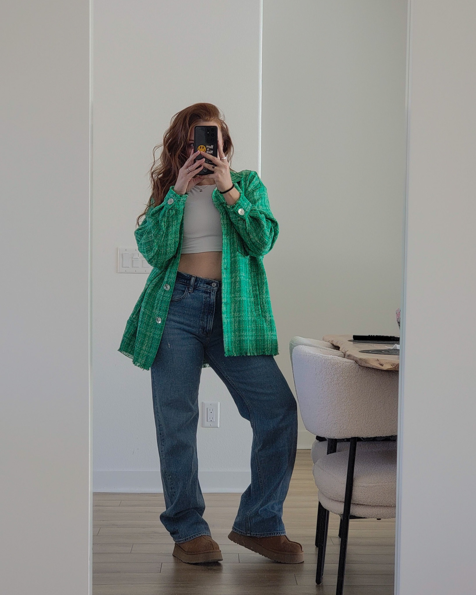 Summer outfits, Abercrombie jeans, ugg tazz platforms, white cropped tee, tweed jacket, green tweed shacket, zara, free people, hailey bieber outfit, short girl outfit

#LTKstyletip #LTKSeasonal #LTKSale