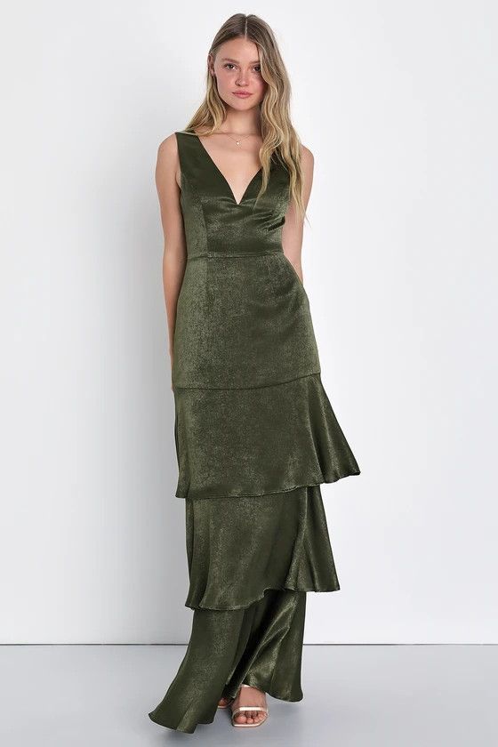 Exclusive Elegance Olive Green Satin Tiered Maxi Dress | Fall Wedding Gown Bridesmaid #LTKwedding | Lulus (US)