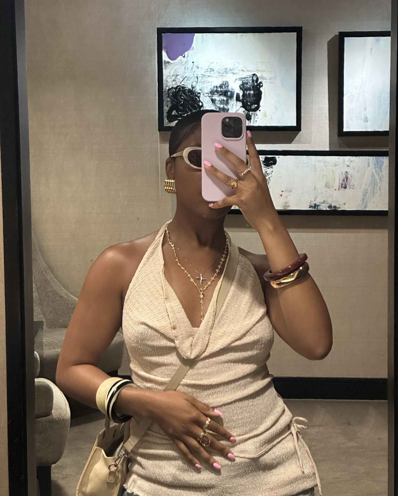Earrings - fiery jewelry 
Necklace- en route 
Cuff bangles - Zara 
Top -Zara 
Shorts- Brandon Blackwood 
Glasses-dezi