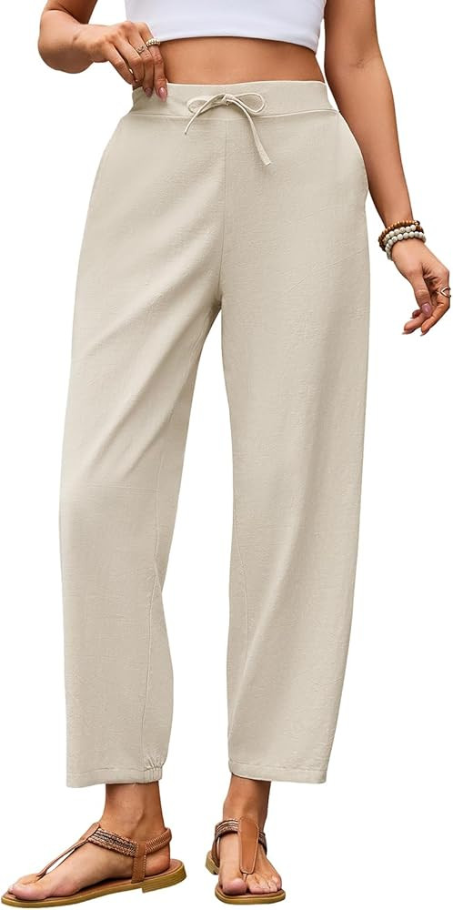 Puimentiua Womens Linen Pants Summer Lightweight Breathable Elastic Waist Drawstring Beach Vacati... | Amazon (US)