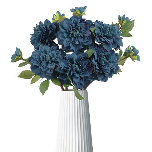 Hupiosy 6pcs Large Fake Dahlia Artificial Flowers Blue Faux Dahlia Silk Flowers with Long Stem for DIY Wedding Craft Bouquets Party Floral Arrangements Home Tables Decor（Blue | Amazon (US)