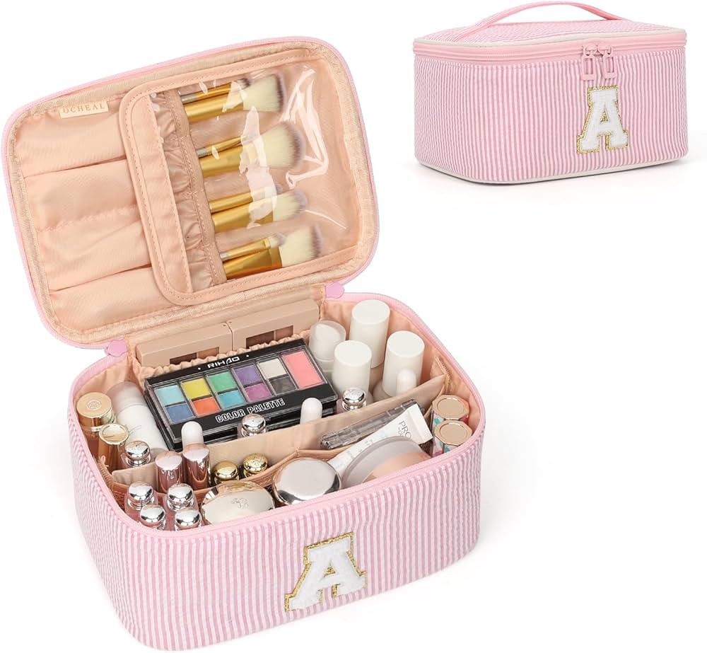 OCHEAL Makeup Bag for Women, Monogram Cosmetic Bag with Brush Holder, Pink Travel Makeup Case Bea... | Amazon (US)