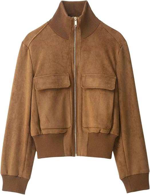 Womens Faux Suede Bomber Jacket High Collar Ribbed Trims Cropped Coat | Amazon (US)