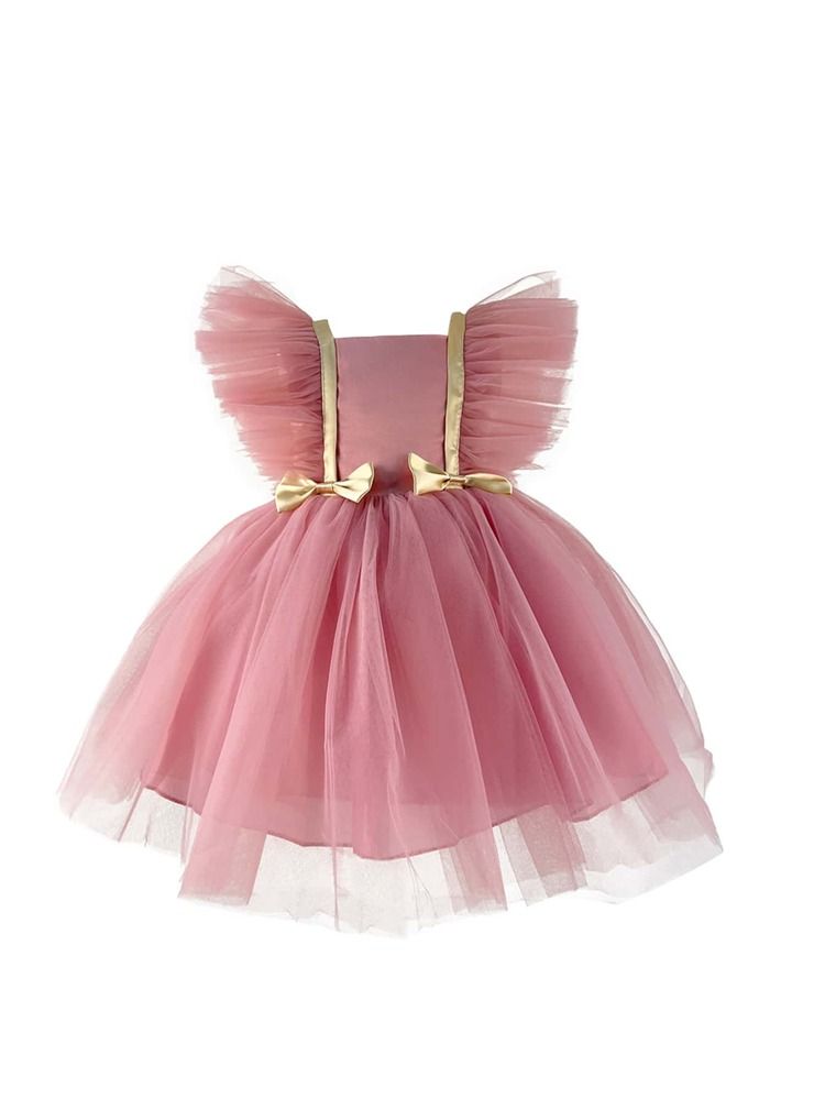 Toddler Girls Bow Front Ruffle Trim Contrast Mesh Party Dress | SHEIN