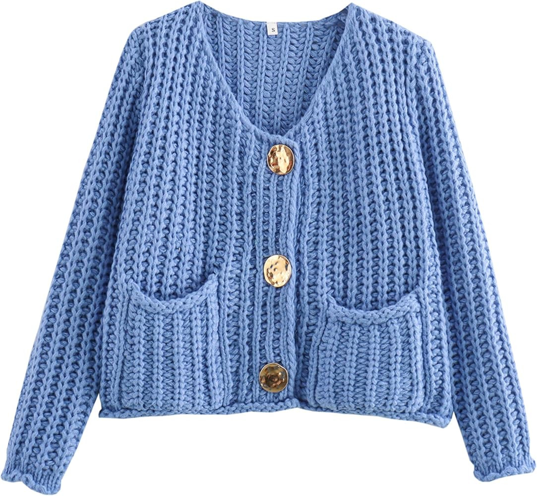 Zhiyouni Women's Cropped Cardigan Sweater Long Sleeves Button Down Chunky Knitted Coat | Amazon (US)