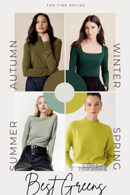 Forest Green - Olive - Sea Green - Chartreuse.  These 4 greens are the best greens IMHO for the 4 major color seasons.  (There are subseasons too!) Knowing your color season lets you make good shopping choices!! Do you know your color season?? #colorseason #colortheory #shopyourseason

#LTKCyberWeek #LTKGiftGuide #LTKHoliday