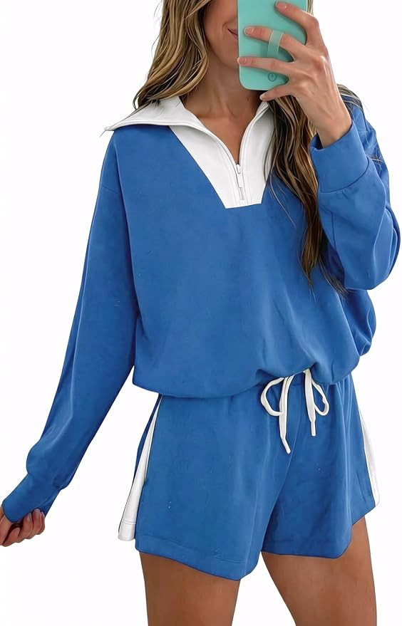 Fisoew Womens 2 Piece Outfits Quarter Zip Sweatshirt Shorts Sets Sweatsuits | Collared, Oversized... | Amazon (US)