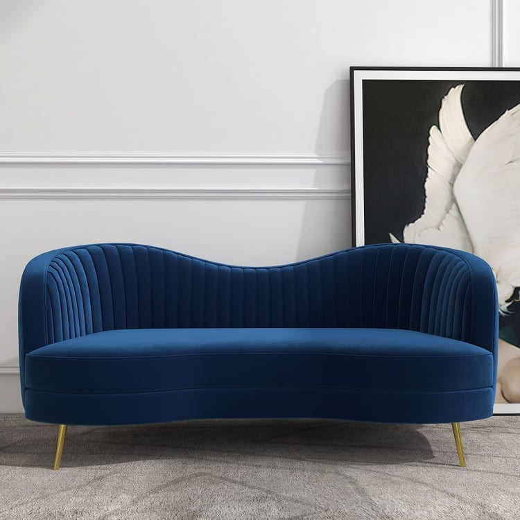 Florie Luxury 72" Vertical Channel Tufted Curved Performance Velvet Sofa in Blue | Homary
