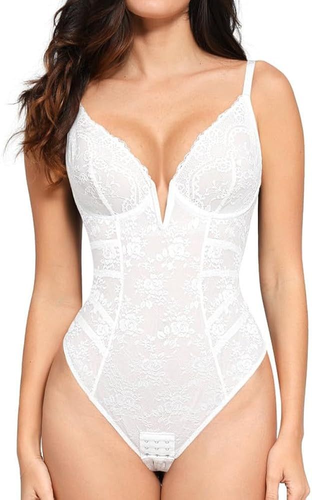 Popilush The Shapewear Bodysuit Lace Corset Tops Deep V Neck Backless Thong Body Suits Tummy Cont... | Amazon (US)