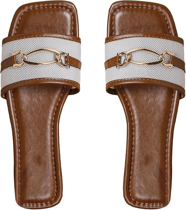 GORGLITTER Women's Dressy Flat Sandals Leather Mesh Square Open Toe Slides Metal Chain Summer Vac... | Amazon (US)