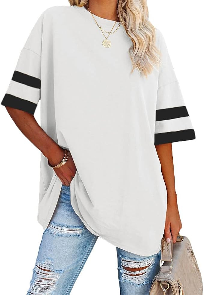 Fisoew Womens Oversized Tees Loose T Shirts Half Sleeve Crew Neck Color Block Cotton Tunic Tops | Amazon (US)
