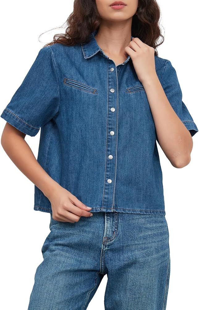 Women's Short Sleeve Button Down Denim Shirt Casual Loose Summer Jean Shirt | Amazon (US)