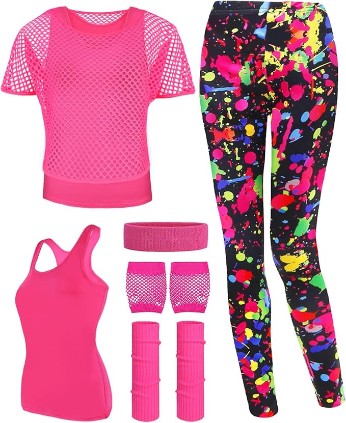 80s Costumes Outfits Accessories for Woman Party Fishnet Neon Off Shoulder T-Shirt Two Pieces Leg... | Amazon (US)
