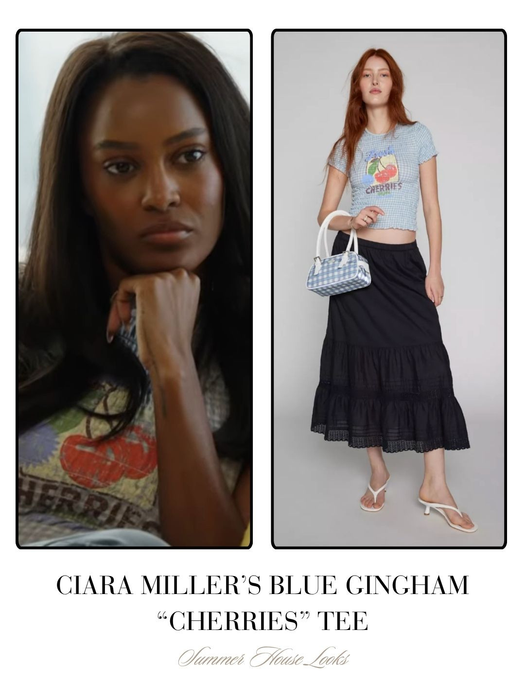 Ciara Miller's Blue Gingham "Cherries" Tee on Summer House: The Aftermath 

 