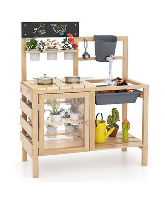 Outdoor Wooden Mud Kitchen Playset with Sink and Plant Observation Area - Natural | Macy's