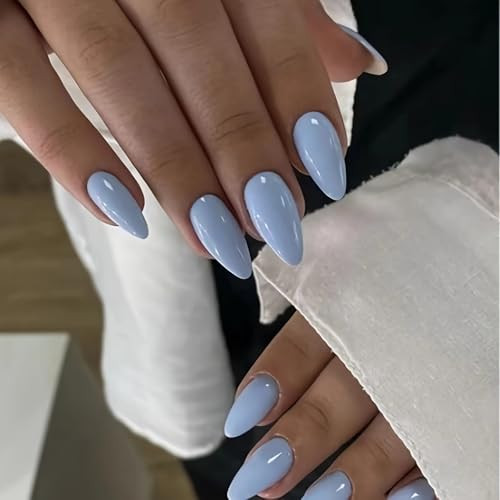 BABALAL Press On Nails, Medium Almond Fake Nails, Baby Blue Solid Color, Glossy Simple Aesthetic Glue On Nails for Women and Girls 24Pcs | Amazon (US)
