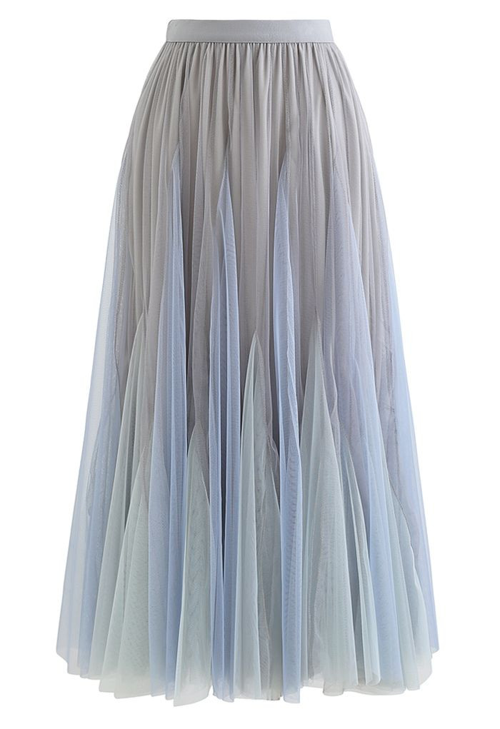 Color Block Panelled Mesh Frilling Maxi Skirt in Dusty Blue | Chicwish