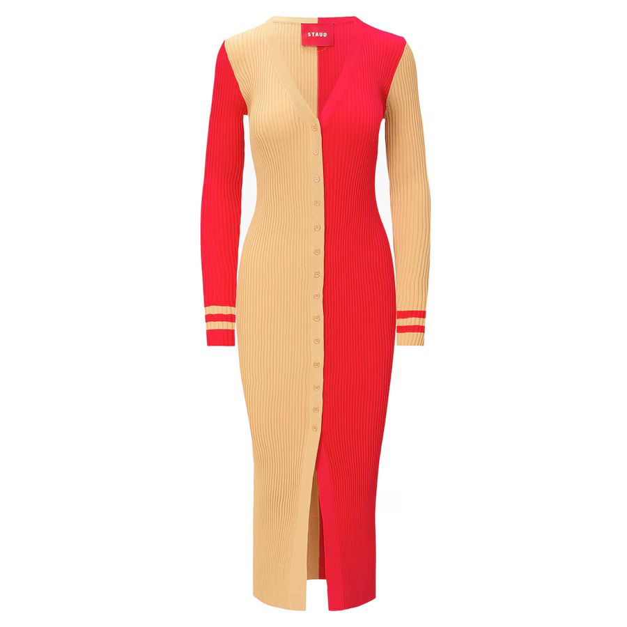 Women's San Francisco 49ers STAUD Gold/Scarlet Shoko Knit Button-Up Sweater Dress | NFL Shop
